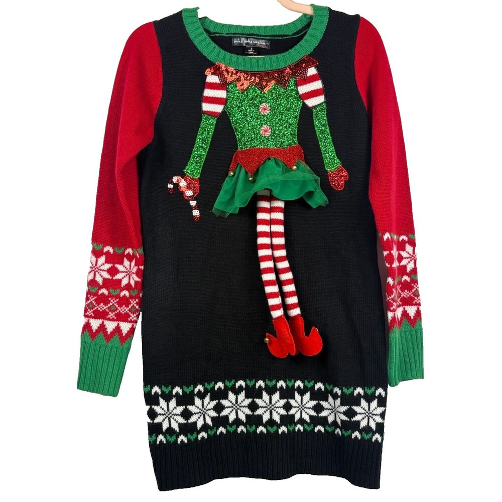 United States Sweaters Ugly Christmas Elf Sweater Dress 3D Legs Sequin Womens S
